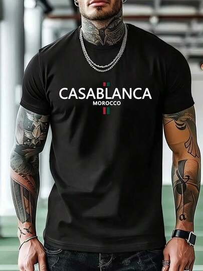 Camiseta de Hombre con Patrón Marroquí - Cómoda de Verano de Manga Corta y Cuello Redondo, Roja con Rayas Verdes y Blancas, Adecuada para Uso Casual
