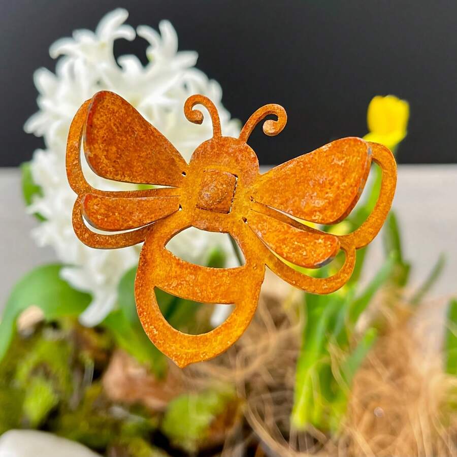 1PC/2pcs/5pcs 生锈金属蜜蜂植物桩 - 乡村庭院装饰雕塑 - 艺术金属花园装饰 - 金属工艺品适用于盆栽装饰 - 户外金属花园装饰