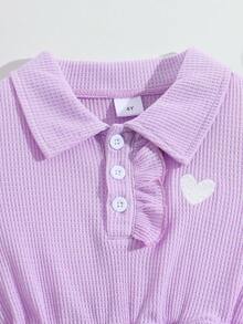 Summer Young Girls' Minimalist Dress, Polo Collar Half-Open Front, Button Solid Color Sporty Style, Heart Embroidery Pattern, Casual Outdoor Sports Girls Dress, Essential For Daily Wear - Mauve Purple - View 3