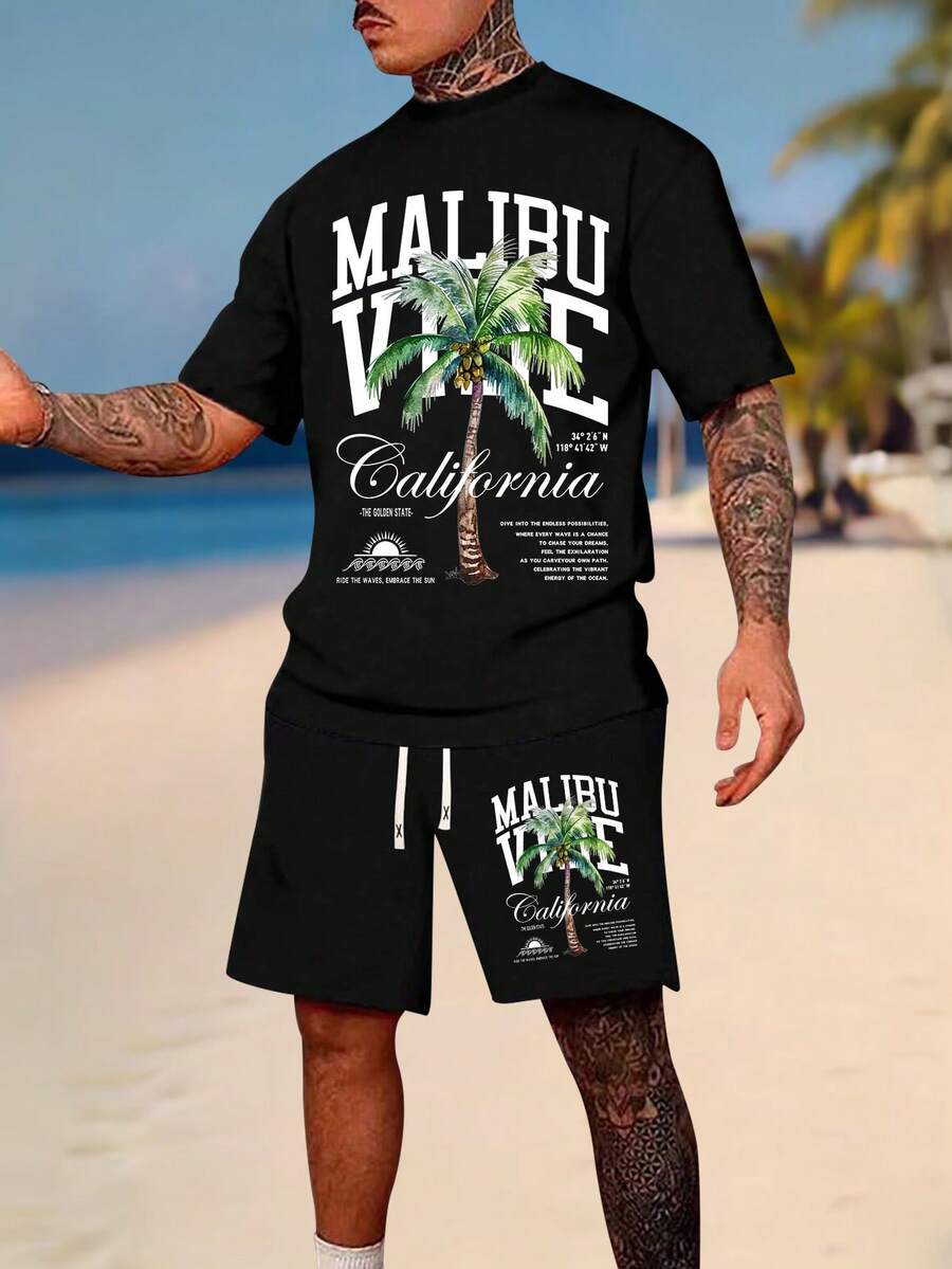 男士夏季短袖 T 恤和短裤套装，椰子树印花休闲装，适合跑步、高尔夫、钓鱼、篮球、露营、健身、游泳和海滩等户外活动，是送给丈夫或男朋友的绝佳礼物 - 黑色 - 查看 1