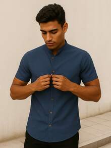 Men's Linen T-Shirt With Priest Collar And Buttons, Elegant And Comfortable