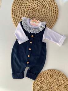 Ema Button Knit Set Girl Bodysuit Overalls Baby Romper - Navy Blue - View 2