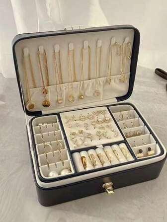 1 pieza - Caja de almacenamiento de joyas de lujo de doble capa con cerradura - Almacenamiento espacioso para anillos, aretes, collares y pulseras - Regalo perfecto para mujer, caja de joyería, pendientes, bolsa de terciopelo, joyero, linda caja regalo para niña con candado para almacenamiento femenino, artículos esenciales de viaje, almacenamiento en el dormitorio de vuelta a la escuela