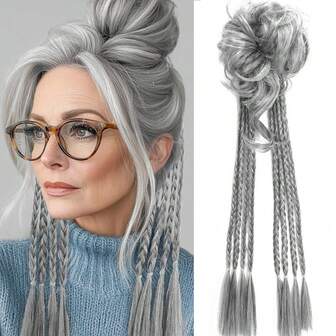 Grey Hair Scrunchie Braid Ponytail Synthetic Hairpiece, Suitable For Daily Wear For Women