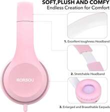RORSOU K5 Kids Headphones With Microphone Shchool, Volume Limiter 85/94dB, Foldable Stereo-3.5mm Jack Wired Cord On-Ear Headphones Children/Boys/Girls//Tablet/MP3/4 (Pink)