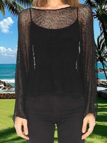 Women Knit Cover-Up, See-Through Solid Irregular Loose Pullover Summer Beach Tops - 黑色 - 查看 6