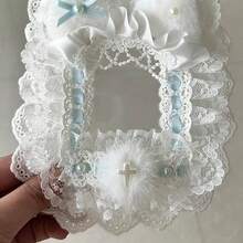 1 件可爱照片卡夹套，卡通人物迷你卡片/明信片/照片收集盒，带背包挂链，手工制品，带猫耳、蕾丝、蓝丝带和蝴蝶结装饰，学校用品，返校