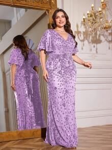 hezixi High Quality Stretchy Elegant Sequin Patchwork Super Fitted Plus Size V-Neck Evening Cocktail Party Wedding Anniversary Family Formal Gala Bridal Shower Birthday Sleeveless Luxurious Classy Mother Of The Bride Dress (Heavy Embellished) - Lilac Purple - View 7