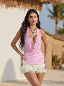 Women's Halter Neck Vest Summer Sleeveless Open Back Fashionable Sequins Flower Tank Tops