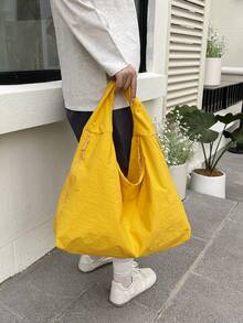 Spring & Summer New Yellow Nylon Fabric Handbag, Large Capacity Solid Color Shoulder Bag, Casual Japanese Style Tote Bag, Versatile College Student School Bag, Simple Fashion Handbag, Short Trip Travel Bag With Multi Zipper & Crescent Pocket Design - 黃色 - 查看 6