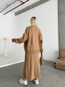 Button Detailed Skirt Set, Solid Color Casual Split Ribbed Button Co-Ord Set For Home Wear - Camel - View 5