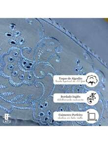 Latu Magazine Lençol  4Peças Casal\Queen\King 200 Fios Percal Bordado Inglês Super Macio Jogo Cama Elástico - Azul - Visão 4