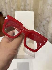 1 Pair Women's Oversized Square Red Transparent Lens Casual Retro Glasses, Suitable For Daily Wear And Street Photography - Red - View 13