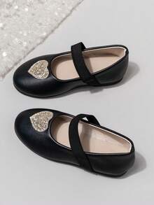 Nuevos zapatos de princesa para niñas pequeñas para volver al colegio, decorados con corazones dorados, zapatos planos de suela blanda para primavera/verano/otoño - Negro - Ver 4