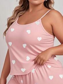 1pc Plus Size Women Cute Heart Pattern Scoop Neck Spaghetti Strap Cami Tank Top, Backless, Suitable For Spring And Summer