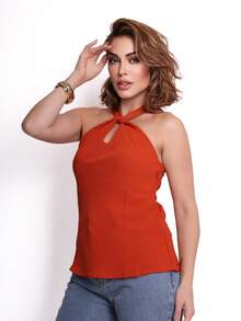 Duna Women's Basic Twist Front And Back Tank Top - Coffee Brown - View 3