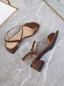 Plus Size Women's Sandals, Retro Coin Design Open Toe Ankle Strap Classic High Heel Versatile Backless Chunky Heel Mid-Heel Fashion French Style Sandals - Brown - View 6