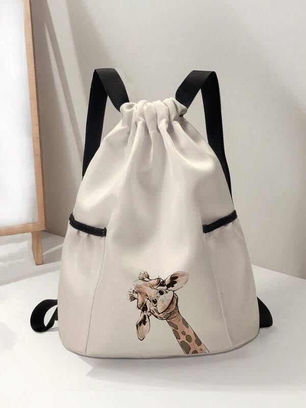 1pc Drawstring Bag With Giraffe Pattern, Black Drawstring Backpack For Sports, Fitness, Travel, Swimming, Beach, Gym Training, Unisex