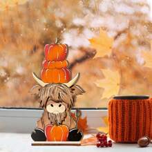 2 Pieces/Set 2D Autumn Pumpkin Harvest Dwarfs And Highland Cattle Wooden Modern Desktop Decoration Ornaments Autumn Thanksgiving Theme Party Decoration, Restaurant Decoration, Room Decoration, Home Decoration Halloween Decor Fall Decor