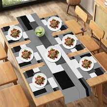 A Set Of 6 Daily Table Placemats And 1 Daily Table Runner, Designed With A Minimalist Gray White Grid Pattern, Woven From 100% Polyester Fiber, Measuring 12 * 18 Inches, Machine Washable Polyester Fiber, Square Placemat, Suitable For Holiday Occasions - Multicolor - View 11