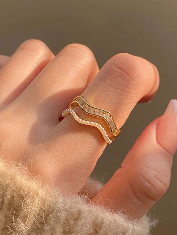1 Stück modischer, Cut Out geometrischer Linie Strass Wellen verstellbarer kleiner Perlenring, geeignet für den täglichen Gebrauch, als Geschenk, für den Arbeitsweg