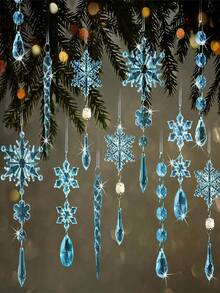 18 pièces Ornements de Noël en cristal pour décorer l'arbre - Ornements en acrylique en forme de flocon de neige et glaçon avec pendentifs à suspendre pour un décor de merveille d'hiver, cristaux pour lustre (clair, bleu, rose, multicolore)