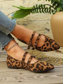 秋冬女式豹纹平底尖头一脚蹬乐福鞋，时尚休闲通勤舒适轻便平底鞋 - 豹紋 - 查看 6