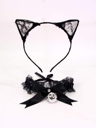 1 Set Lace Cat Ear Headband And Lace Jingle Bell Choker Necklace, Sexy Costume Cosplay Accessories For Women, Halloween