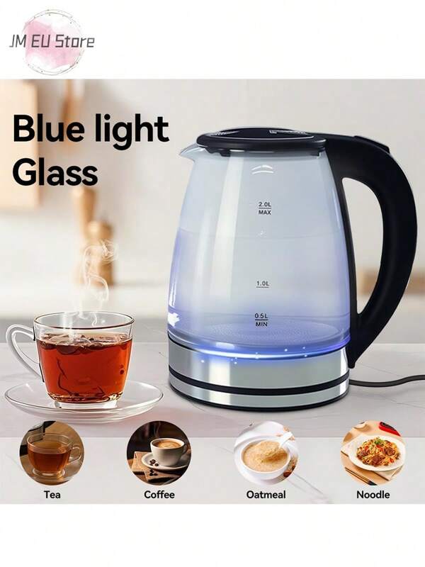 LIPETY Bouilloire électrique sans fil en verre de 1,8 L avec éclairage LED, bouilloire à thé et bouilloire à eau chaude en verre, arrêt automatique et protection anti-ébullition à sec (Style 2 - 1,8 L, 1 500 W)