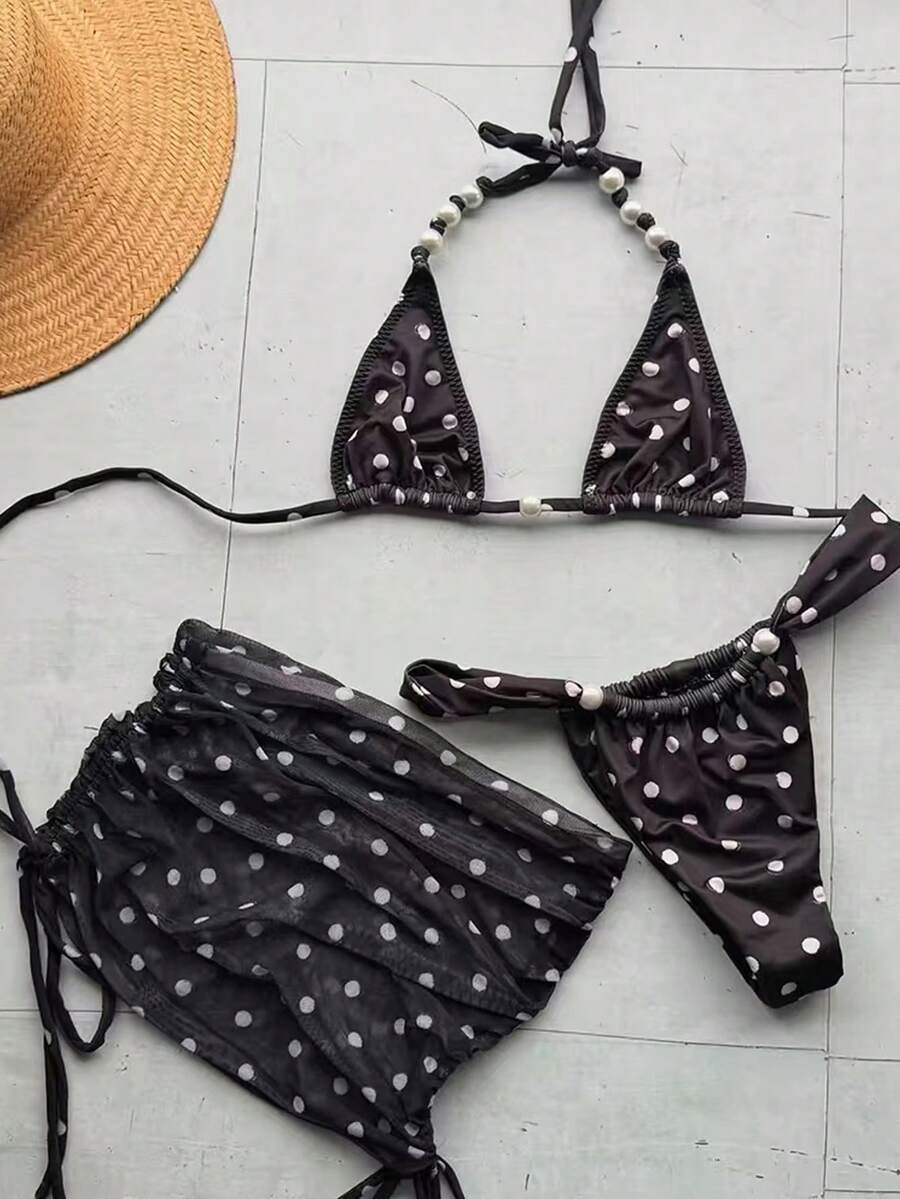 夏季欧美性感优雅波点印花三件套沙滩比基尼泳衣（女士款） - 印花 - 查看 1