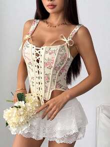 Women's Corset Crop Tops Slim Flower Print Fishbone Cross Tie Shoulder Open Back Shirts Summer Streetwear - 黃色 - 查看 1