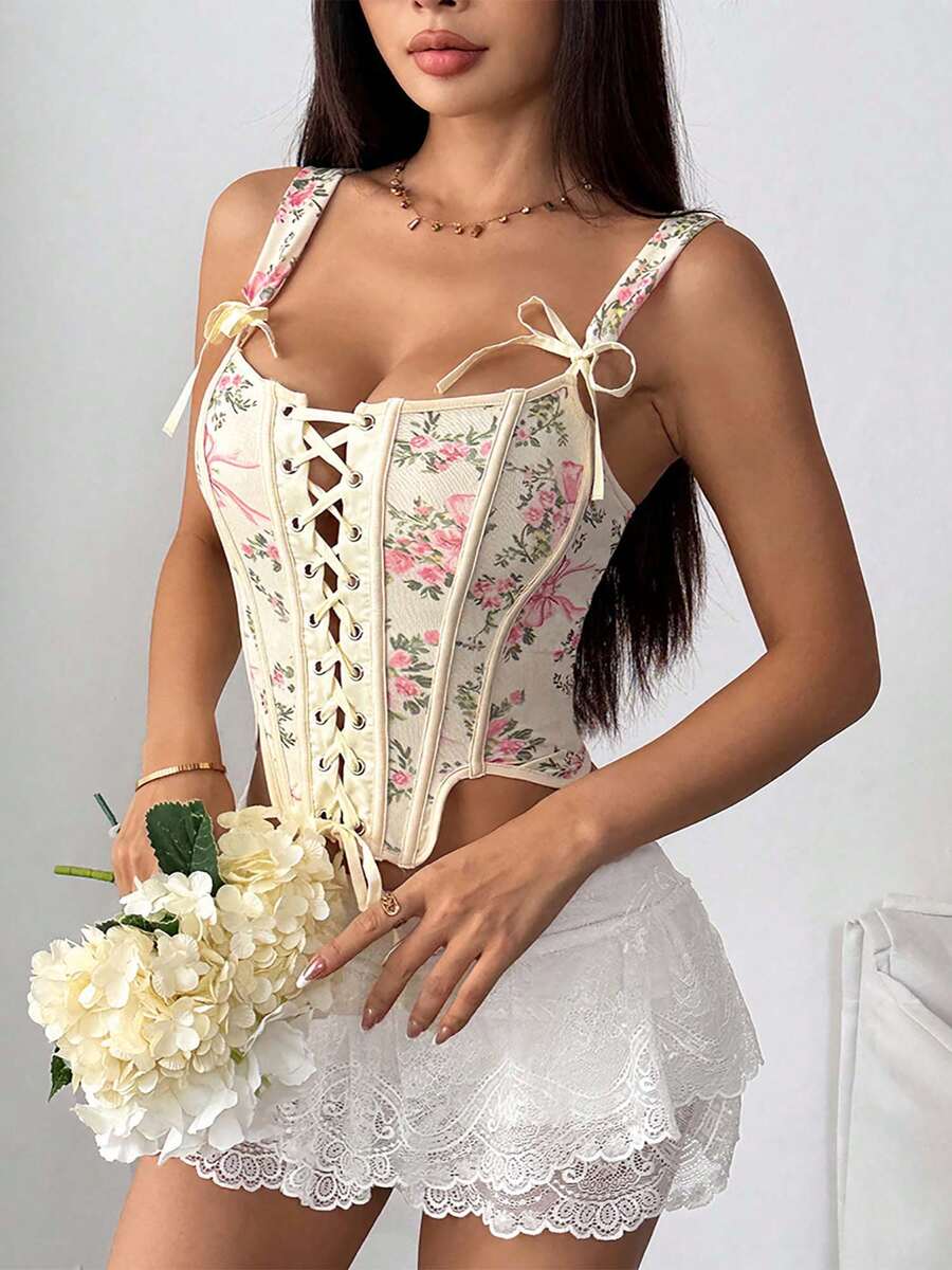 Women's Corset Crop Tops Slim Flower Print Fishbone Cross Tie Shoulder Open Back Shirts Summer Streetwear - 黃色 - 查看 1