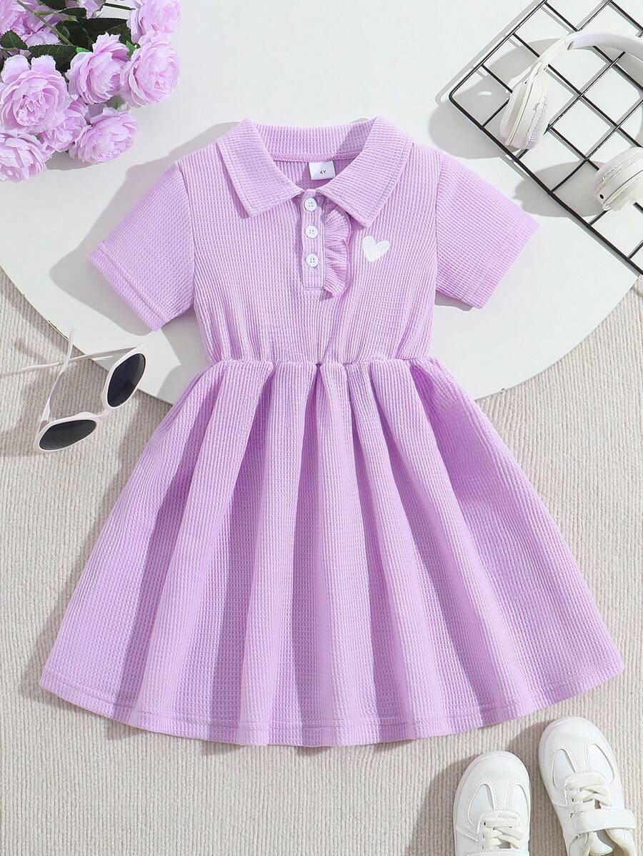Summer Young Girls' Minimalist Dress, Polo Collar Half-Open Front, Button Solid Color Sporty Style, Heart Embroidery Pattern, Casual Outdoor Sports Girls Dress, Essential For Daily Wear - Mauve Purple - View 1