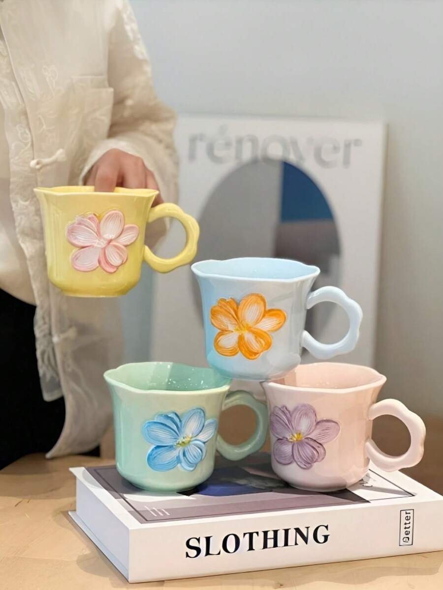 1 件 13.38 盎司花卉图案陶瓷杯（带咖啡勺），大容量独特创意陶瓷杯，情侣杯，优质早餐牛奶杯，家用水/咖啡杯，节日礼物 - 彩色 - 查看 1