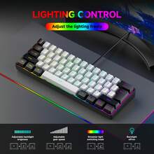 Teclado compacto mini de 61 teclas, 60% de tamaño, con diseño de membrana delgado, retroiluminación RGB en negro/blanco con sensación mecánica, diseño ergonómico, resistente a derrames, apto para PC/portátil/oficina/hogar/e-sports - Multicolor - Ver 8