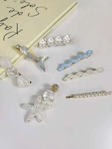 7 件女士优雅贝壳、海星和人造珍珠发夹，多用途日常使用，适合家庭、学校、海滩、办公室、节日、生日、返校、新年、情人节、母亲节、教师节、婚礼、音乐节、毕业典礼、爪夹、发夹、发夹、发夹、学校用品、人造珍珠发饰 - 藍色 - 查看 6