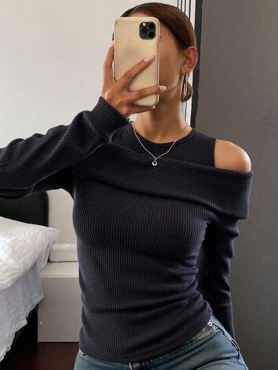 Livesso 女士纯色二合一露肩修身时尚 T 恤，深灰色，春夏秋季长袖女上衣，秋季女装