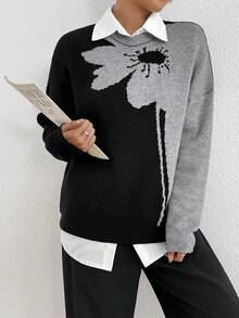Maglione girocollo lavorato a jacquard con contrasto di colori, taglie comode - nero - Visualizzare 5