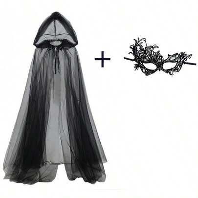 2pcs/Set: 1pc Black Double Layer Witch Cloak And 1pc Black Mask; 1pc White Cloak And Snowflake Headband; 1pc Red Cloak And Christmas Eyes - Halloween, Christmas, Cosplay Costume, New Year Decorative Outfit. Lightweight Polyester Material With Hood, No Feather Design, Easy To Maintain, Suitable For Horror Party, Christmas Party Decoration, New Year Theme, Princess Costume, Theme Events And Holiday Outfits. Double Layer Elegant Tassel Fabric. Adjustable Mask.