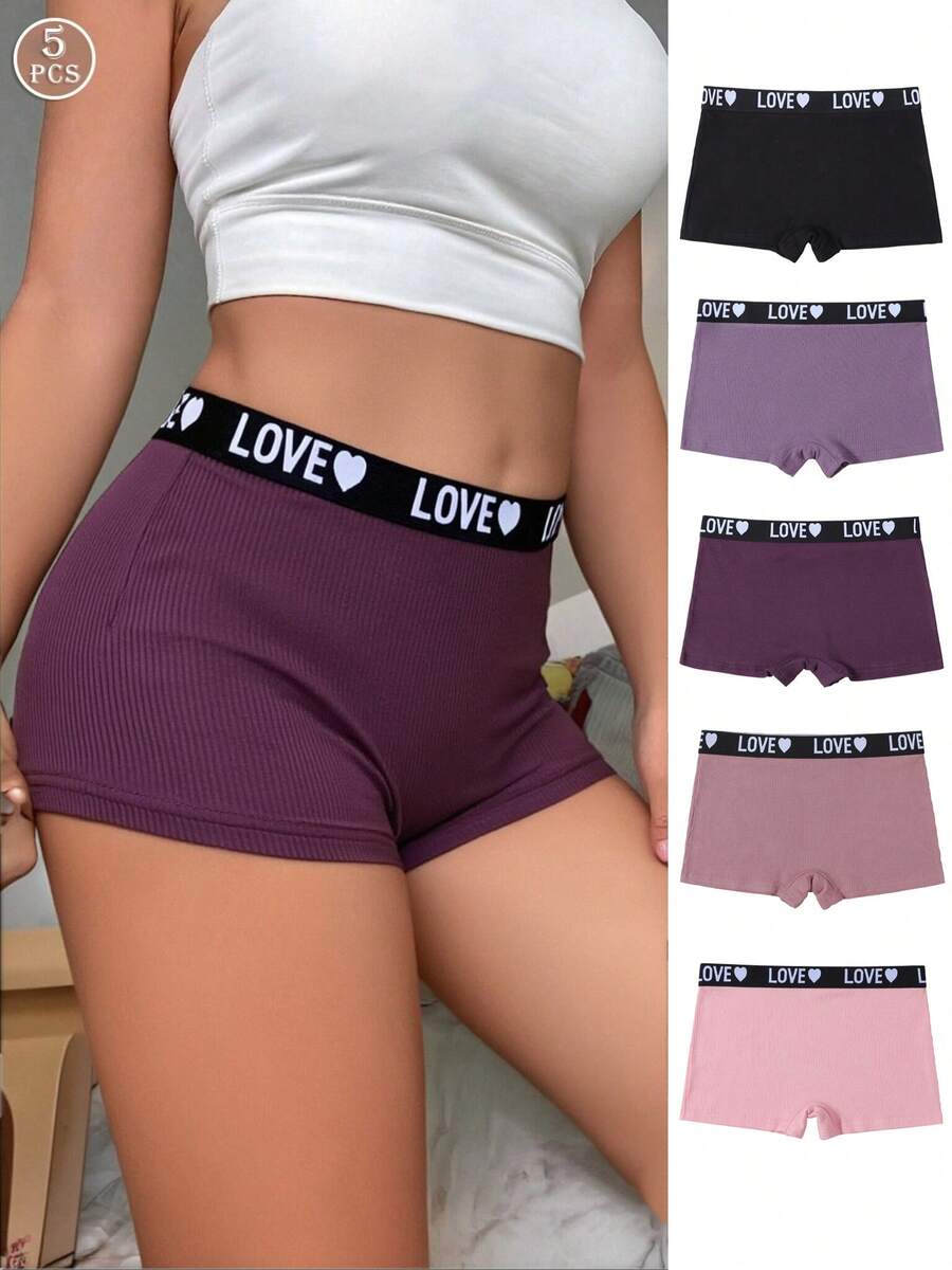 5条装女士内裤睡衣套装，罗纹字母印花纯色无缝高腰平角内裤 - 彩色 - 查看 1