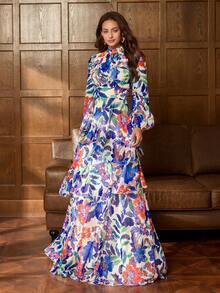 Faeriesty Đầm maxi in hoa rực rỡ, thanh lịch với họa tiết trái cây và hoa - Chất liệu chiffon nhẹ, lý tưởng cho các buổi tiệc sang trọng, sự kiện thảm đỏ và tiệc chiêu đãi trang trọng, đầm dự tiệc, đầm dạ hội, đầm dự đám cưới, đầm du lịch. - Màu xanh lam - Xem 6
