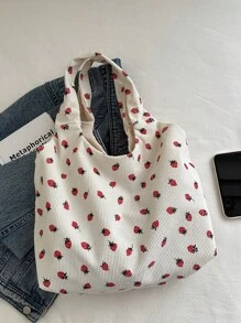简约时尚大容量草莓印花托特包，开口设计，轻巧软边单肩包。适合女性日常休闲通勤和学生课堂使用