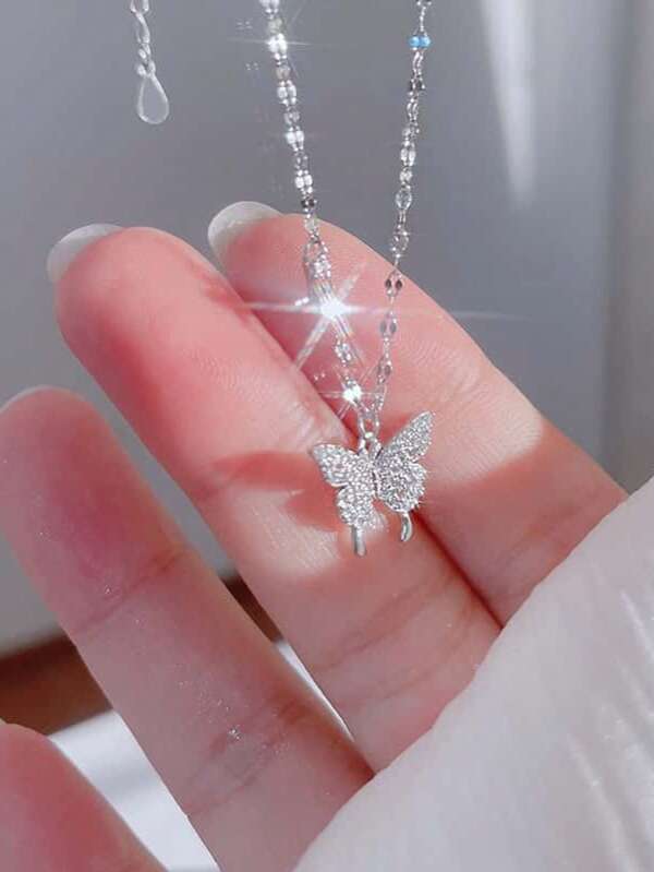 1pc Full Crystal Shimmering Butterfly Necklace Sweater Chain