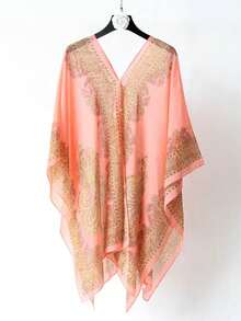 1 件女士雪纺印花披肩斗篷，轻盈露肩外套，夏季海滩罩衫 - 彩色 - 查看 14