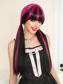 7JHH WIGS 26 Inch Black Pink Highlight Halloween Wigs For Women Long Straight Synthetic Wig With Bangs, Premium Heat Resistant Fiber Full Machine Hair Gothic Lolita Wigs For Girls Anime Or Costume Cosplay Use,Music Festival Party Street Wear Photography, Draculaur? - Màu hồng nổi bật - Xem 8