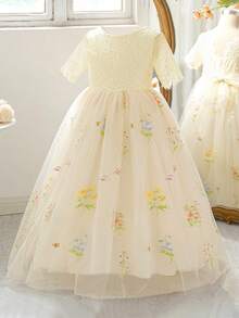 Tween-Mädchen Spitzenkleid mit kurzen Ärmeln, Stickerei und Mesh, elegantes rückenfreies Abendkleid, geeignet für Geburtstagsfeiern und Aufführungen, ohne Haarzubehör - Champagnerfarben - Übersicht 4