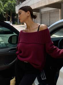 Livesso 女士纯色露肩宽松休闲毛衣，秋冬，长袖上衣，秋季女装 - 酒紅色 - 查看 4