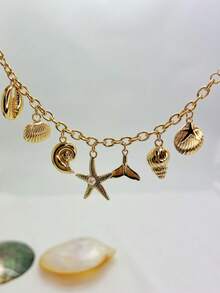 1 件时尚 18K 镀金合金海星贝壳美人鱼吊坠手链，适合日常或度假佩戴