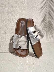 女士厚底 PU 皮革一脚蹬厚底凉鞋，时尚系带休闲拖鞋，夏季适用