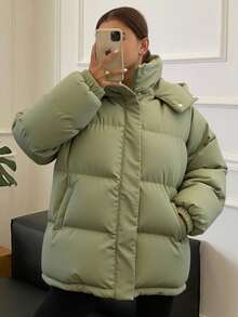 Livesso 拉链连帽加厚口袋外套，女士冬季外套夹克 - 軍綠色 - 查看 4